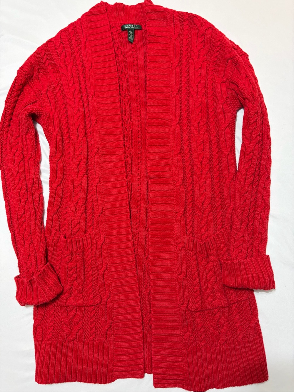 Lauren Ralph Lauren Chunky Knit Duster Cardigan Sweater Women L Red Christmas